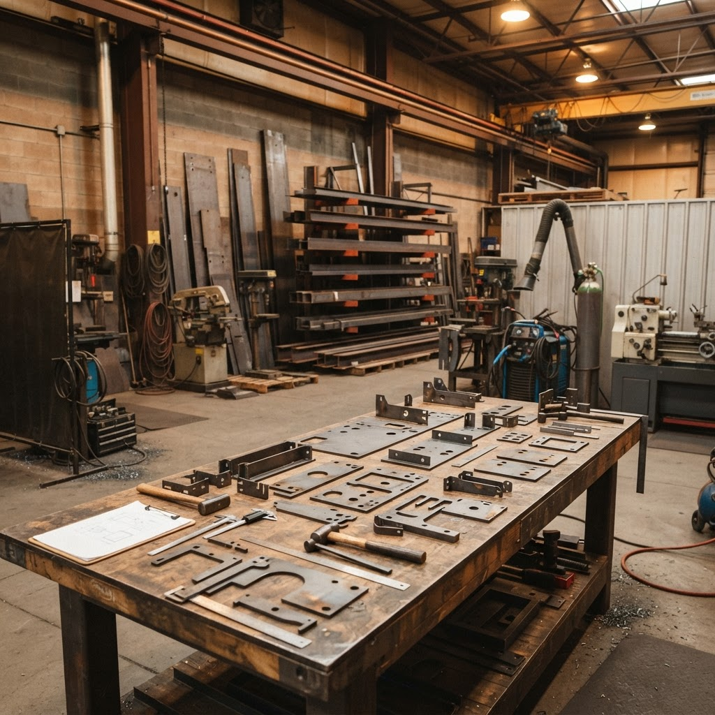 Transteel Fabrications workshop with steel components and fabrication tools