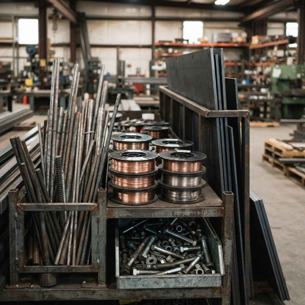 Steel fabrication supplies including rods, bolts and metal sheets