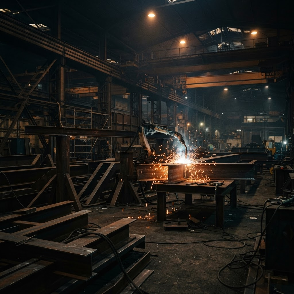 Steel fabrication with sparks flying in industrial workshop